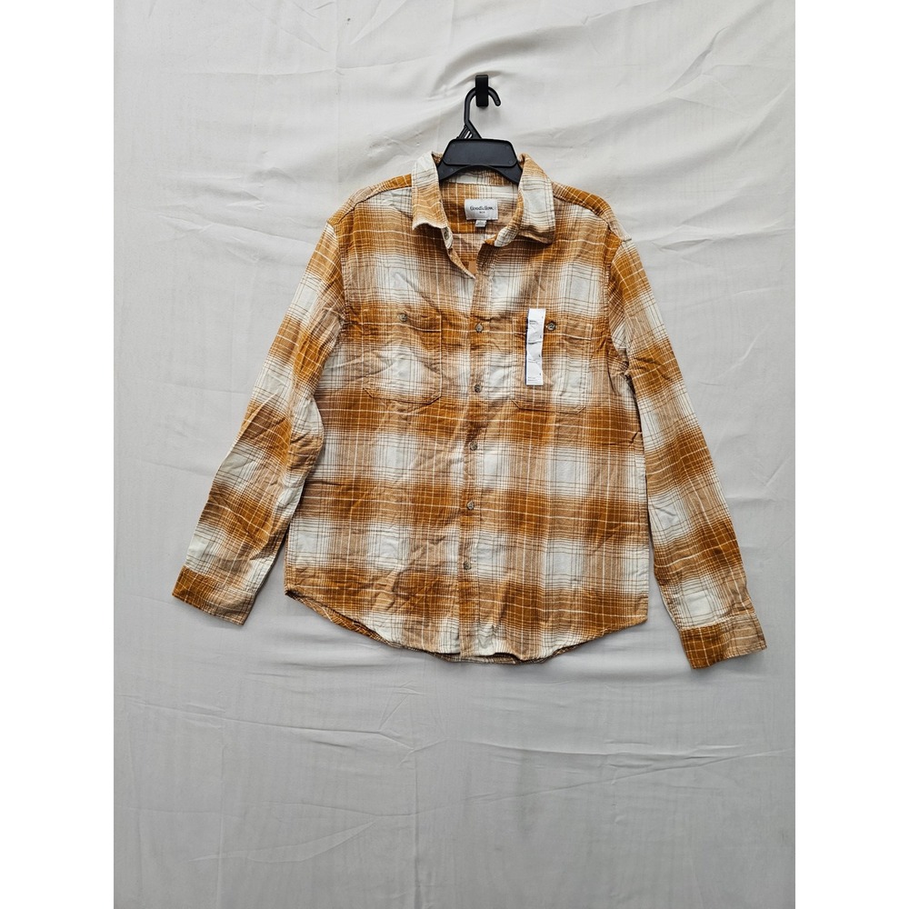 Goodfellow & Co Mens Midweight Plaid Flannel Shirt Cream Cotton Size Large